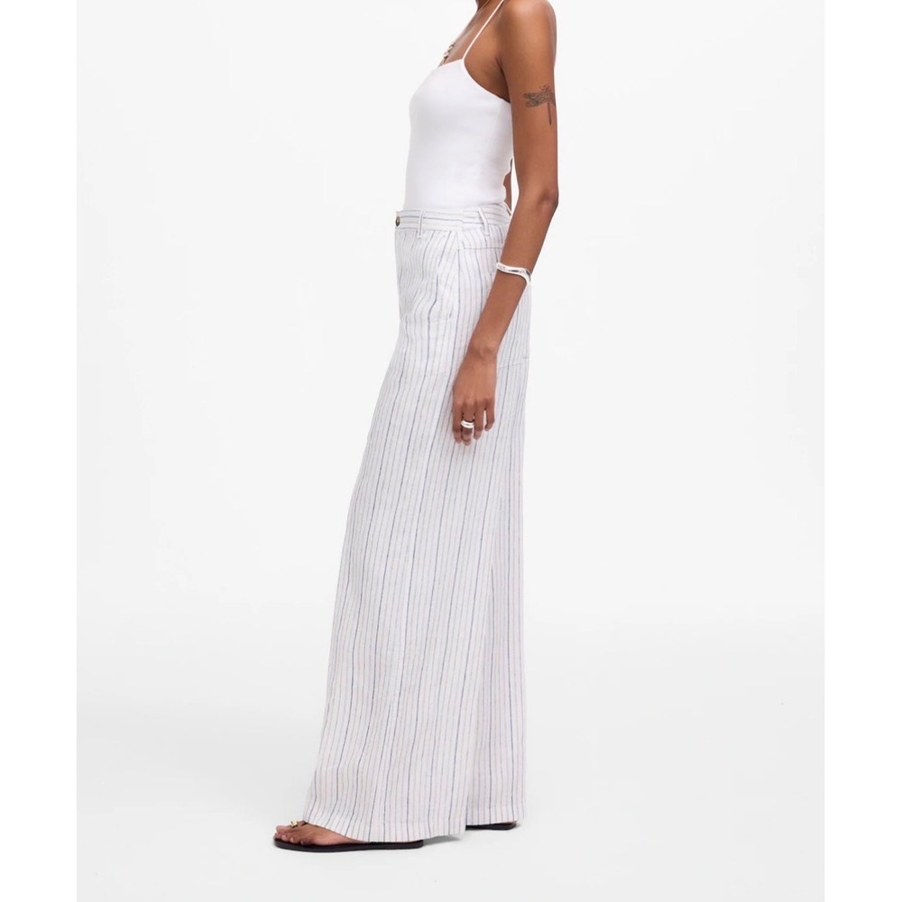 Madewell The Zoe Relaxed Wide Pant 100% Linen Striped White Blue size 6 NV159 - Picture 3 of 13
